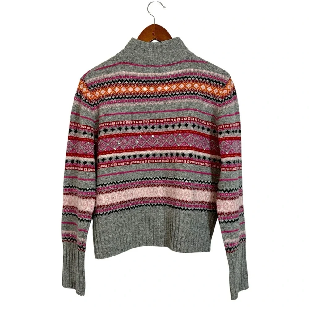 Vtg Context 100% Wool Fair Isle Sweater Sz L Full Zip Beaded Sequined NOS‎